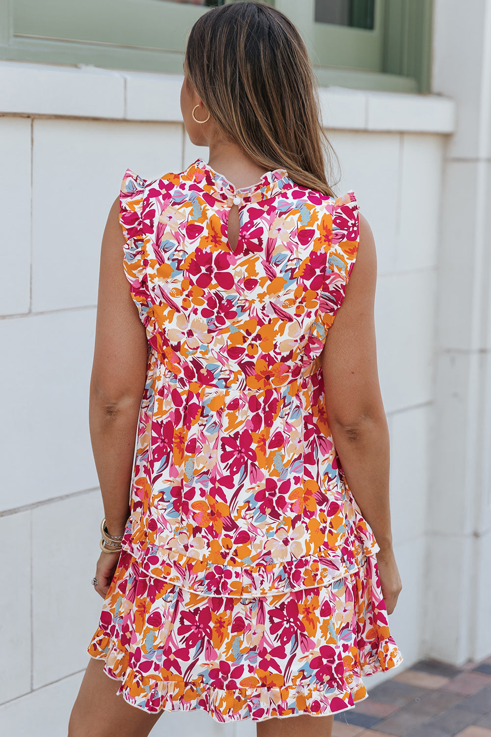 Ruffle Trim Tiered Sleeveless Floral Mini Dress