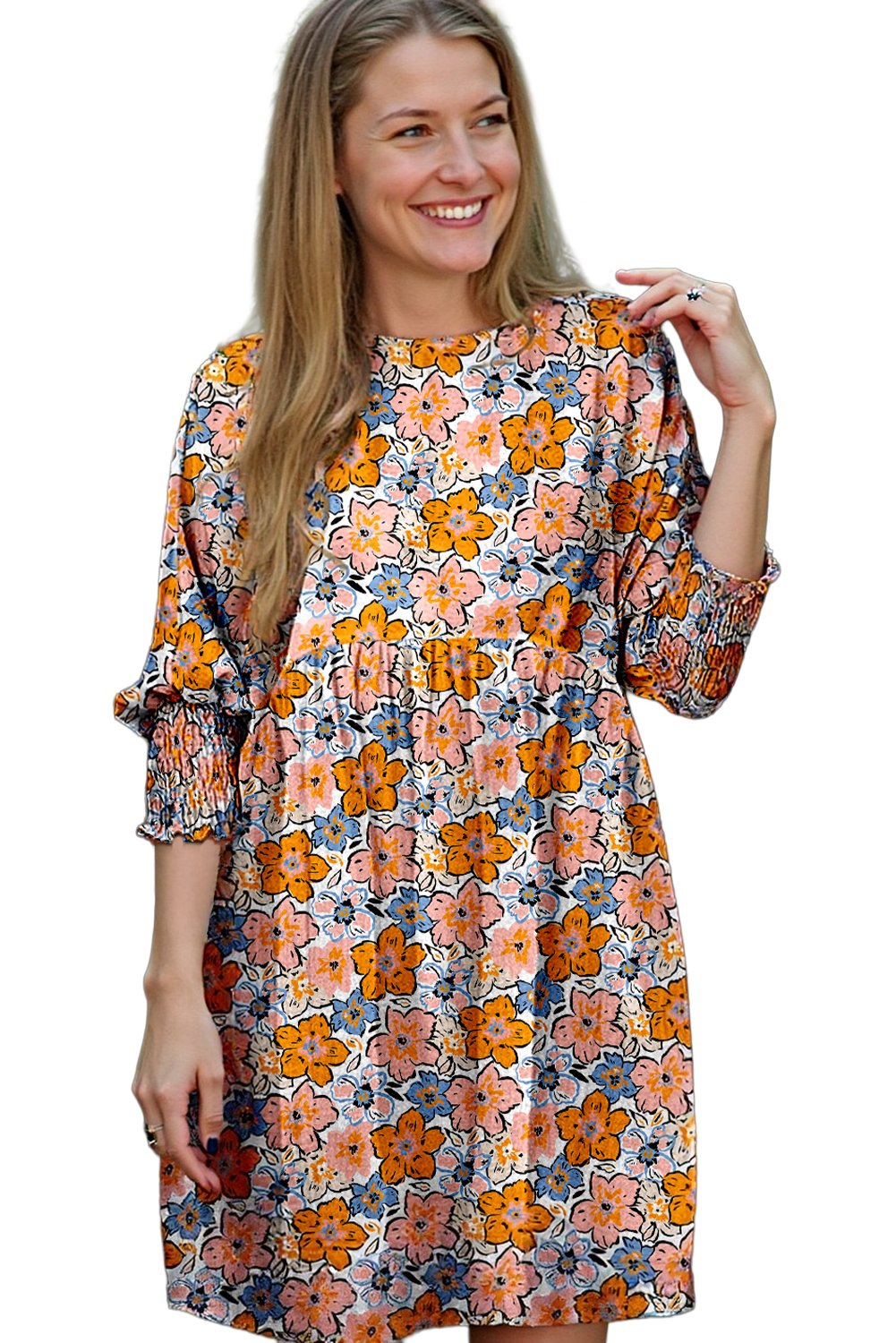 Orange Floral Shirred Half Sleeve High Waist Loose Mini Dress