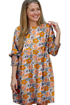 Orange Floral Shirred Half Sleeve High Waist Loose Mini Dress