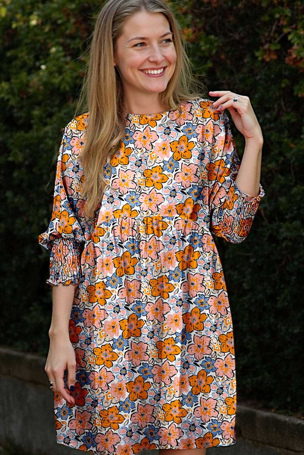 Orange Floral Shirred Half Sleeve High Waist Loose Mini Dress