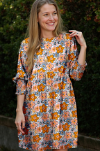 Orange Floral Shirred Half Sleeve High Waist Loose Mini Dress