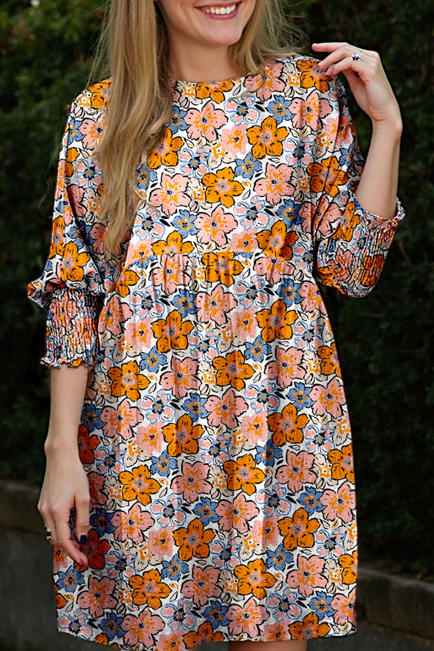 Orange Floral Shirred Half Sleeve High Waist Loose Mini Dress