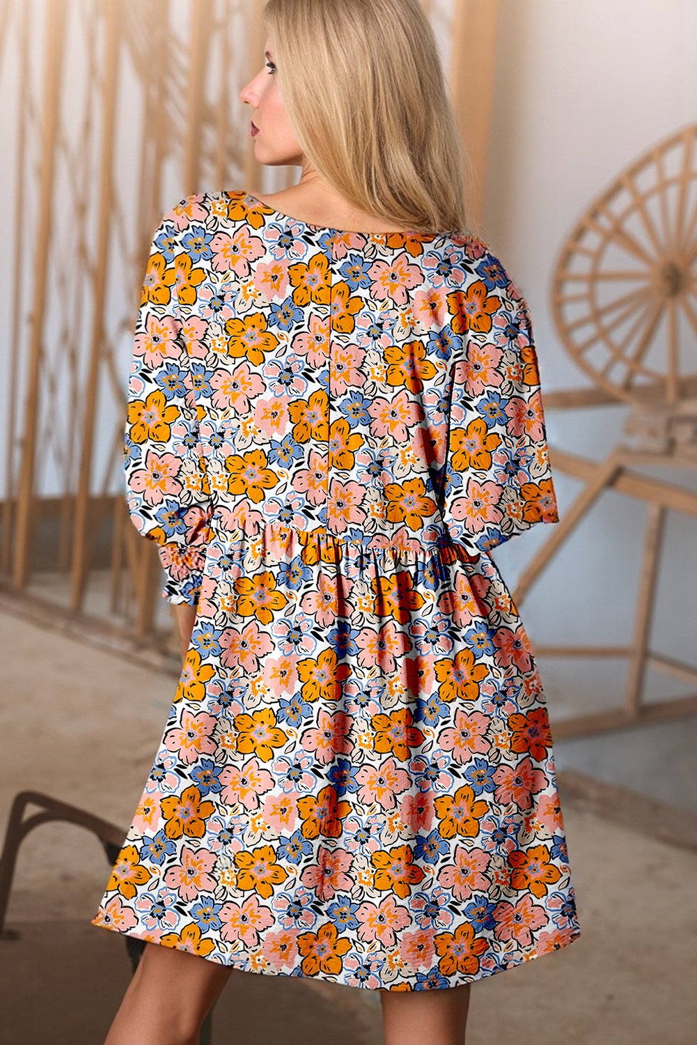 Orange Floral Shirred Half Sleeve High Waist Loose Mini Dress