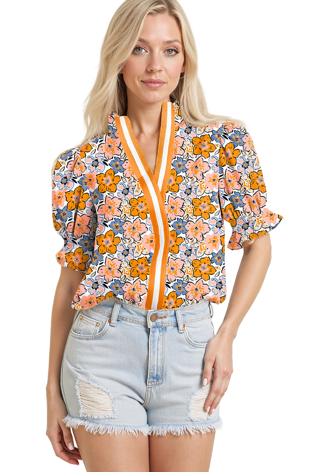 Yellow Floral Print Striped Contrast V Neck Frilly Smocked Trim Short Sleeve Blouse