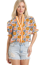 Yellow Floral Print Striped Contrast V Neck Frilly Smocked Trim Short Sleeve Blouse