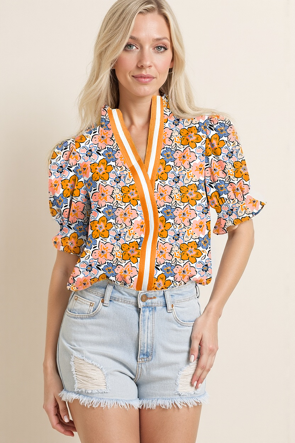 Yellow Floral Print Striped Contrast V Neck Frilly Smocked Trim Short Sleeve Blouse