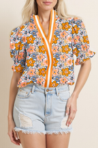 Yellow Floral Print Striped Contrast V Neck Frilly Smocked Trim Short Sleeve Blouse