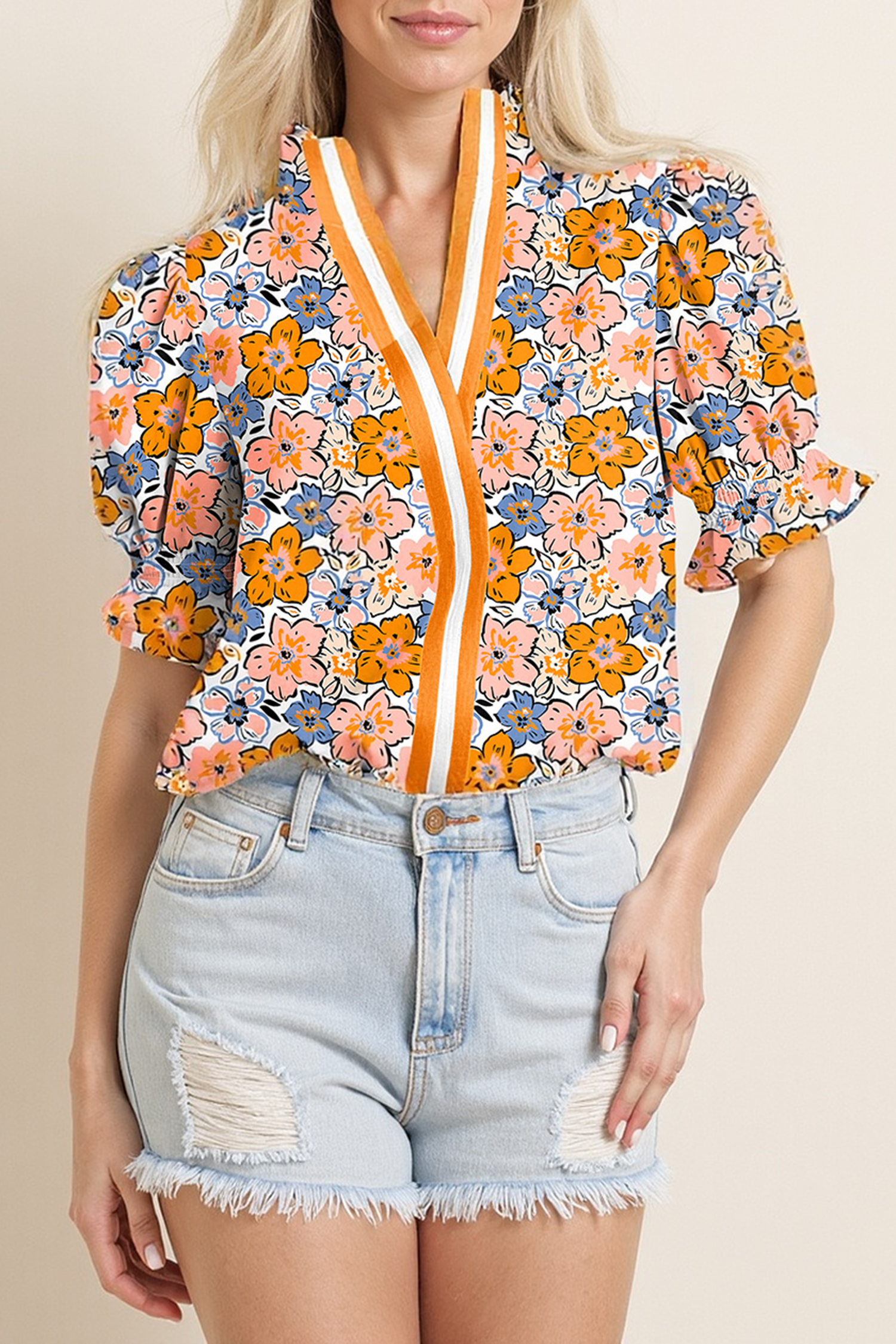 Yellow Floral Print Striped Contrast V Neck Frilly Smocked Trim Short Sleeve Blouse