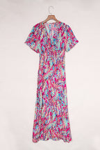 Green Wrap V Neck Floral Maxi Dress