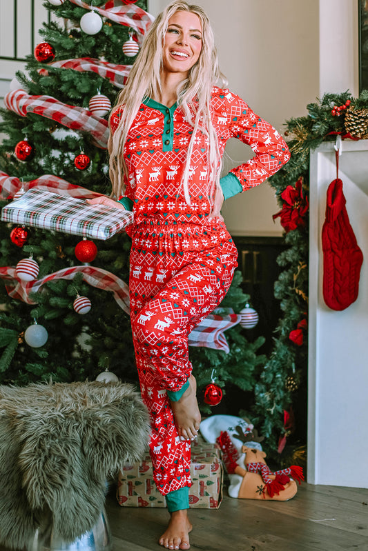 Fiery Red Christmas Print Henley Top Pajama Set