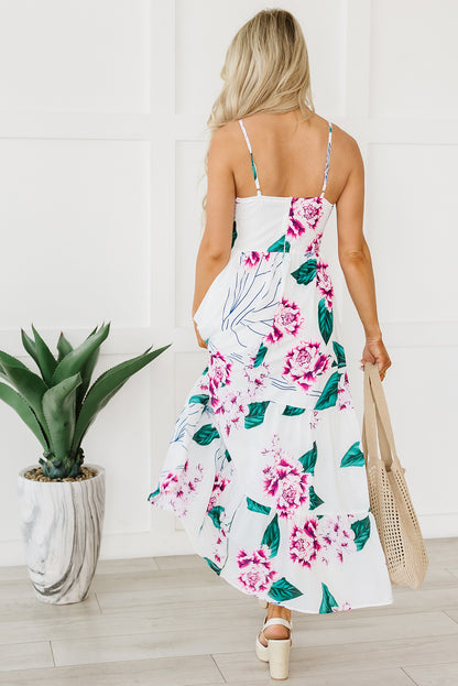 White Floral Twist Cutout Adjustable Straps Maxi Dress