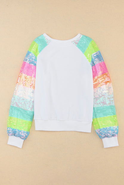 White Sequin Color Block Raglan Sleeve Pullover Sweatshirt