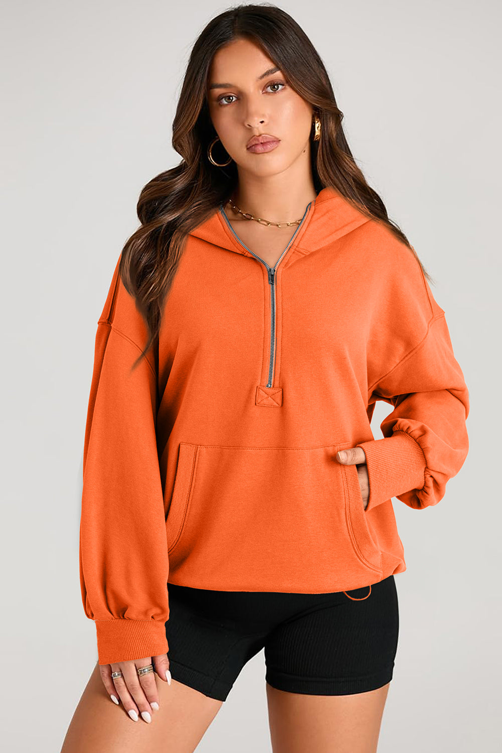 Parchment Solid Kangaroo Pocket Half Zipper Oversized Hoodie