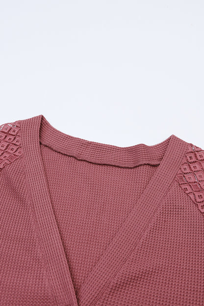 Black Waffled Knit Lace Long Sleeve Buttoned Cardigan