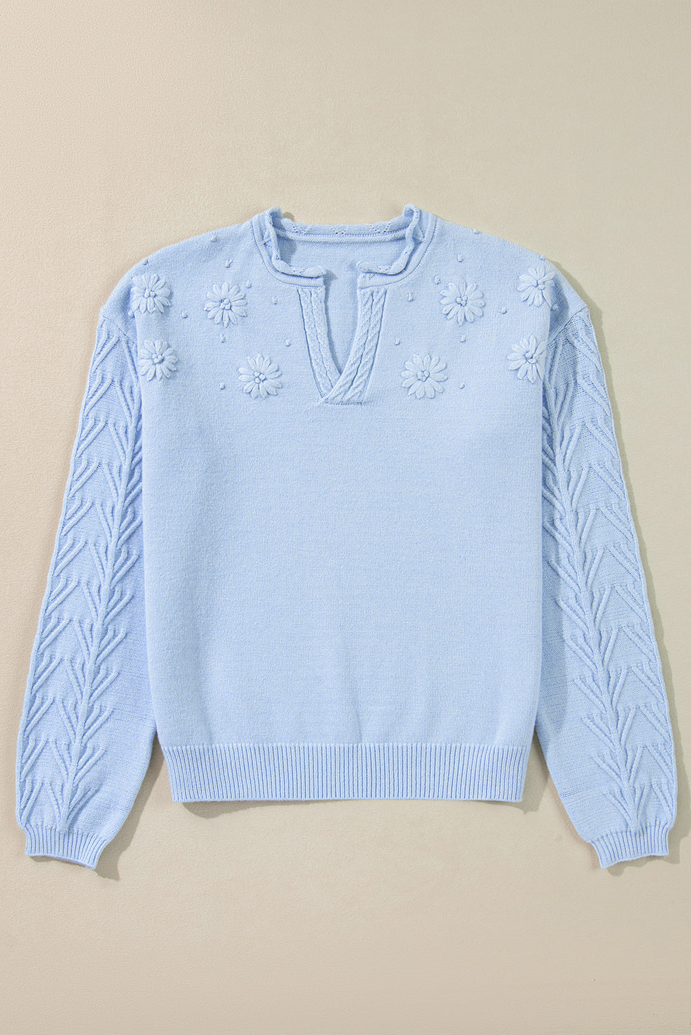 Peach Blossom Flower Detail Knitted Notched Neck Sweater