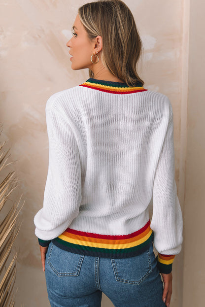 White Merry & Bright Colorful Stripes Trim Sweater