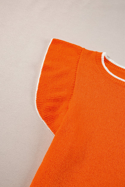 Russet Orange Contrast Trim Ruffle Sleeve Knitted Top