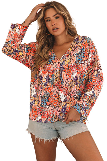 Multicolor Boho Floral Long Sleeve V-Neck Blouse