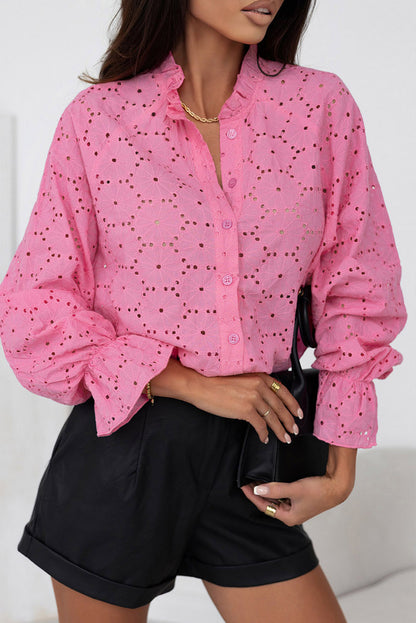 Pink Hollow Out Embroidered Floral Shirt