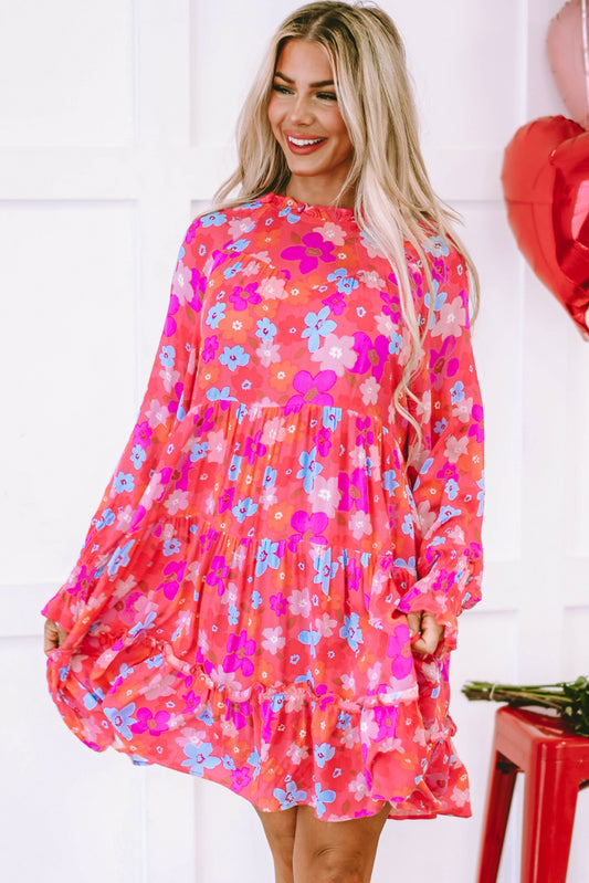 Multicolour Floral Bubble Sleeve Tiered Babydoll Dress
