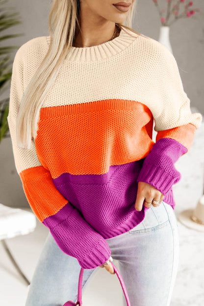 Multicolor Color Block Drop Shoulder Round Neck Knit Sweater