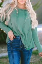 Green Exposed Seam Waffle Knit Loose Top