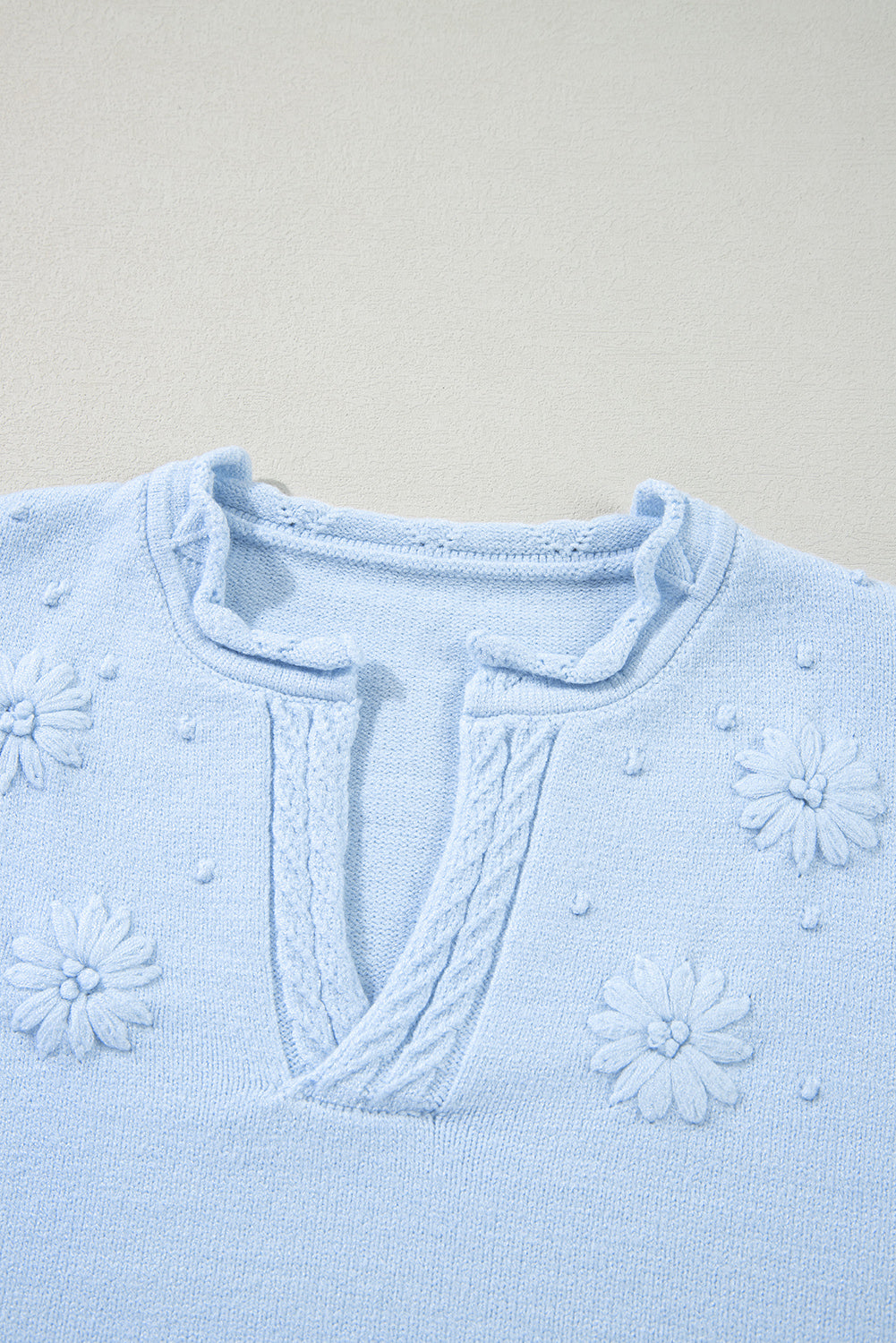 Peach Blossom Flower Detail Knitted Notched Neck Sweater
