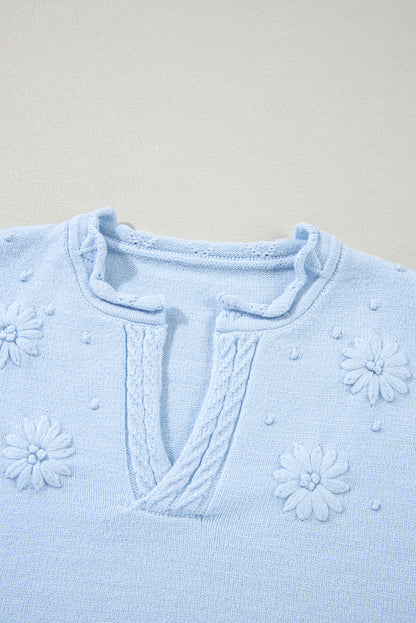 Peach Blossom Flower Detail Knitted Notched Neck Sweater
