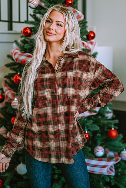 Fiery Red Plaid Zip Up Chest Pocket Shacket