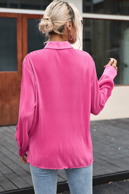 Pink V Neck Collared Button Pleated Shirt