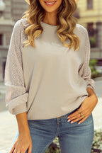 Parchment Eyelet Knit Patchwork Raglan Sleeve Pullover Top