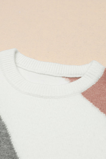 Multicolor Colorblock Ribbed Trim Round Neck Sweater