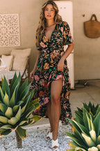 Floral Print Knotted Wrapped V Neck Maxi Dress