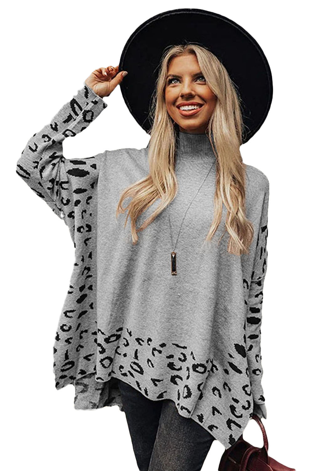 Khaki Leopard High Neck Side Slit Oversized Sweater