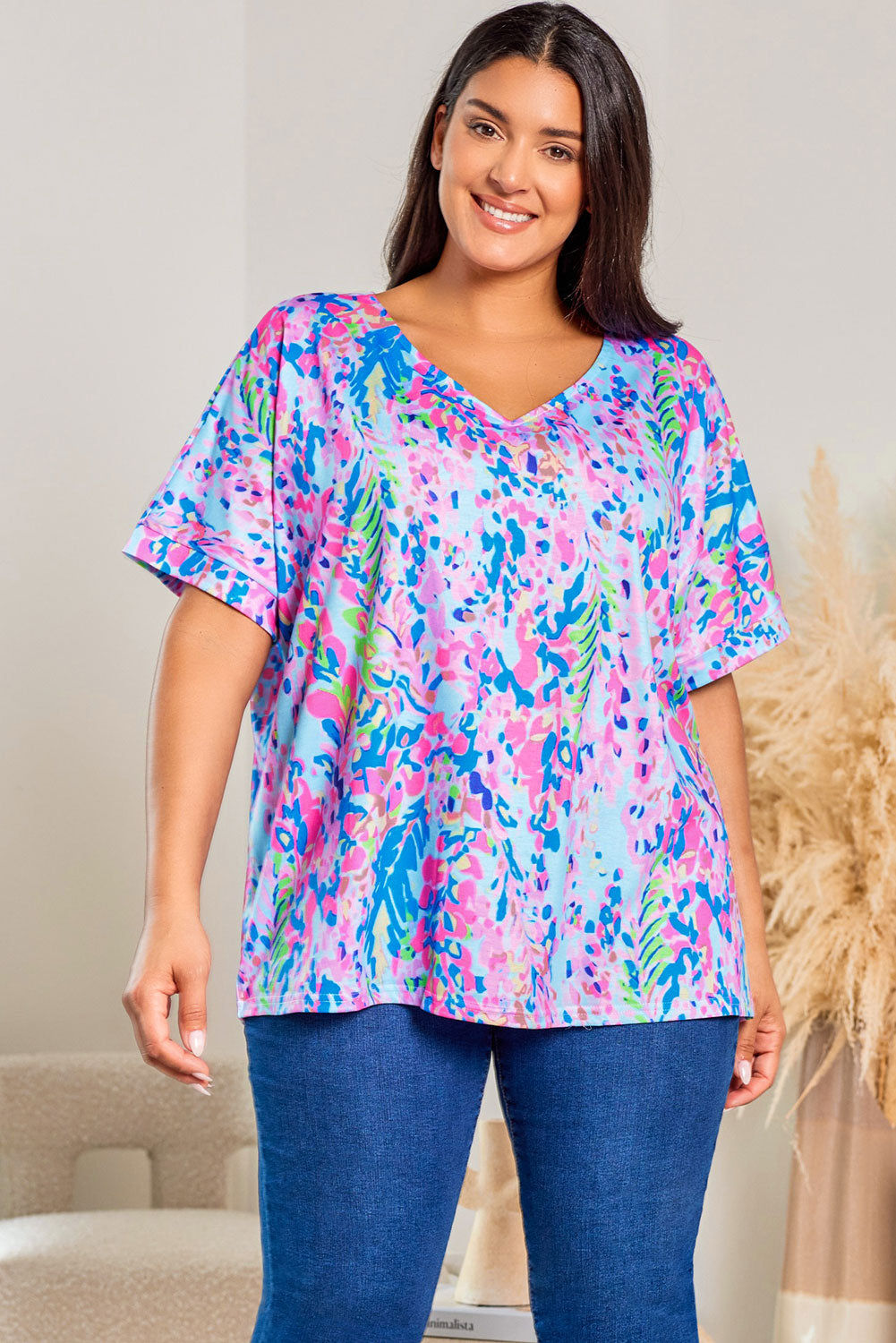 Sky Blue Loose Painted Floral Tee