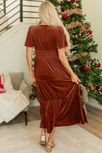 Red Dahlia Velvet Short Sleeve Shirred Waist Tiered Maxi Dress