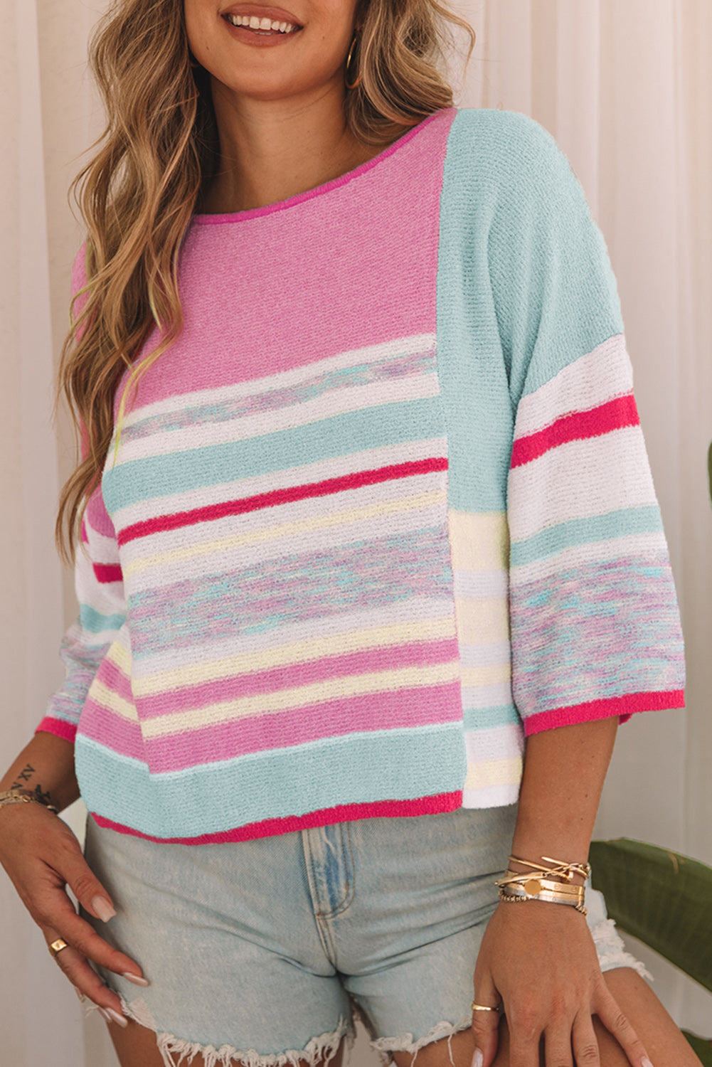 Color Block Striped Three-Quarter Sleeve Knitted Top