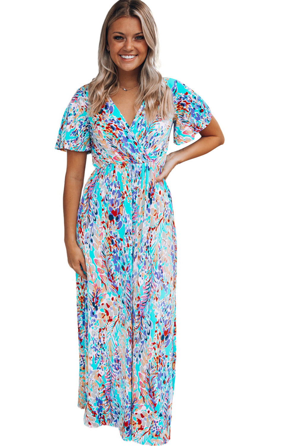 Green Wrap V Neck Floral Maxi Dress
