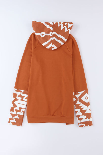 Pink Aztec Print Patchwork Thumb Hole Hoodie