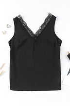 Black Lace Splicing Open Back V Neck Tank Top
