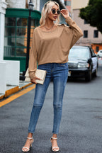 Khaki Solid Color Button Decor Dolman Sleeve Top