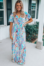 Green Wrap V Neck Floral Maxi Dress