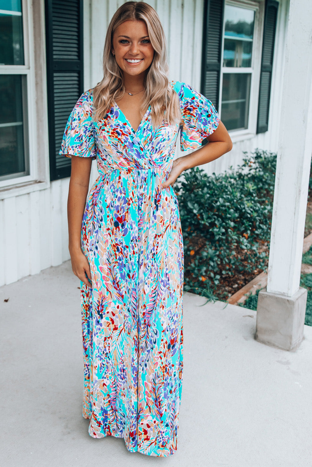 Green Wrap V Neck Floral Maxi Dress