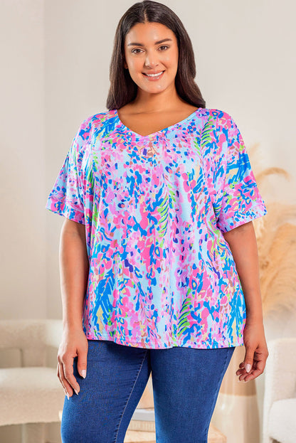 Sky Blue Loose Painted Floral Tee