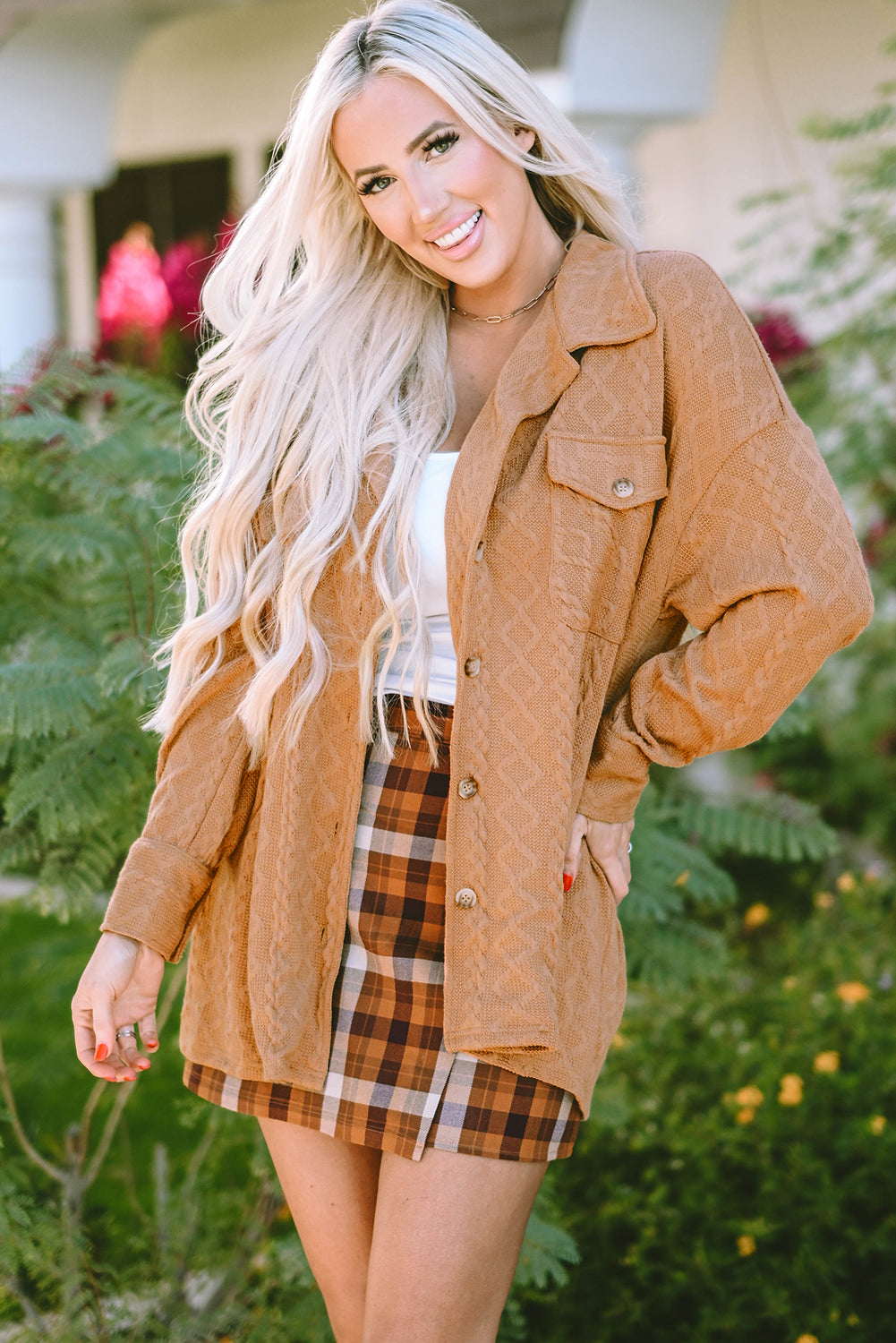 Camel Cable Knit Flap Pocket Shacket