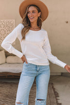 White Ribbed Bishop Sleeve Round Neck Top