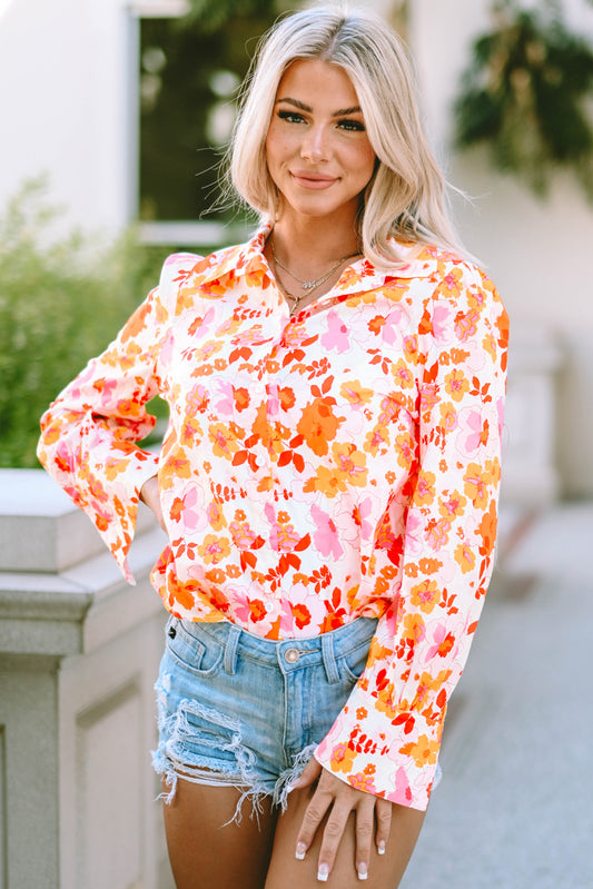 Orange Floral Bishop Sleeve Button Up Shirt