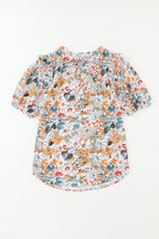 Multicolor Split V Neck Puff Sleeve Flower Print Blouse