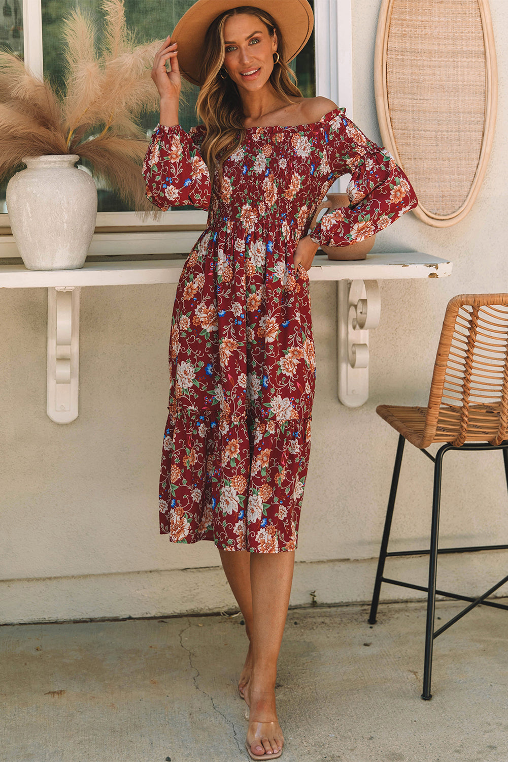 Ruby Frilled Shirred Knotted High Waist Floral Dress