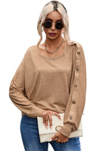 Khaki Solid Color Button Decor Dolman Sleeve Top